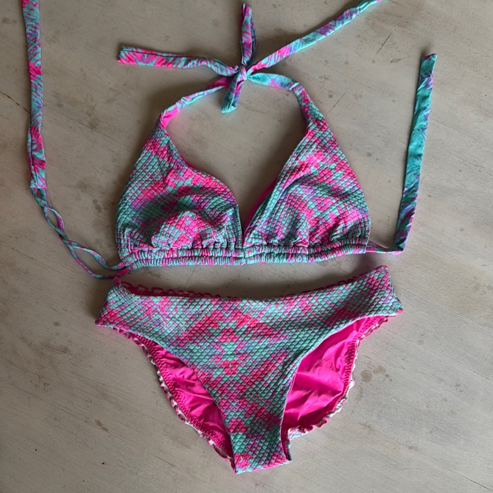 Luli Fama Pink and Blue Triangle Bikini Set